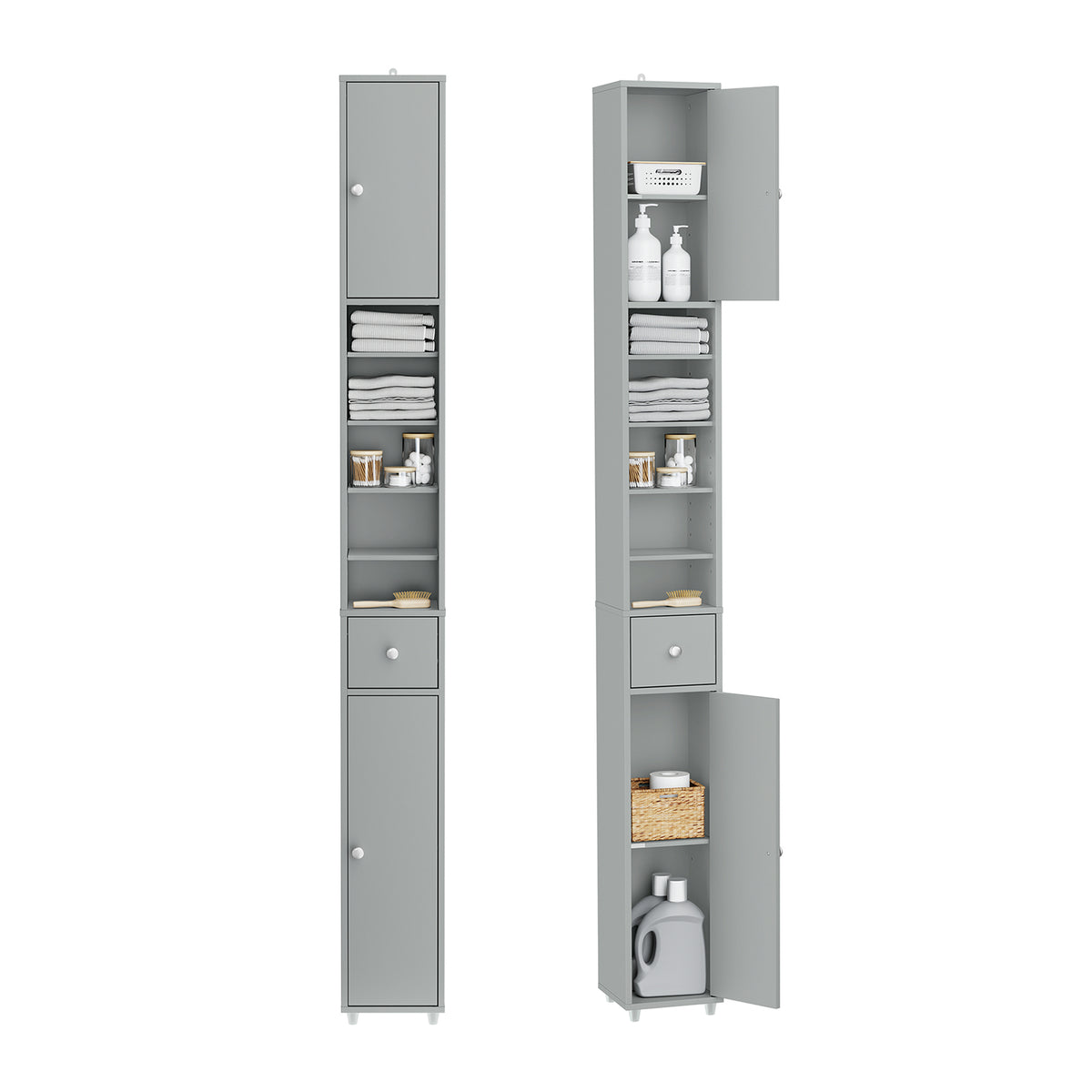SoBuy BZR34-II-HG Colonne Salle de Bain Ultra-Étroite 20×20×180 cm – Tiroir Central, Étagères Réglables, Gris