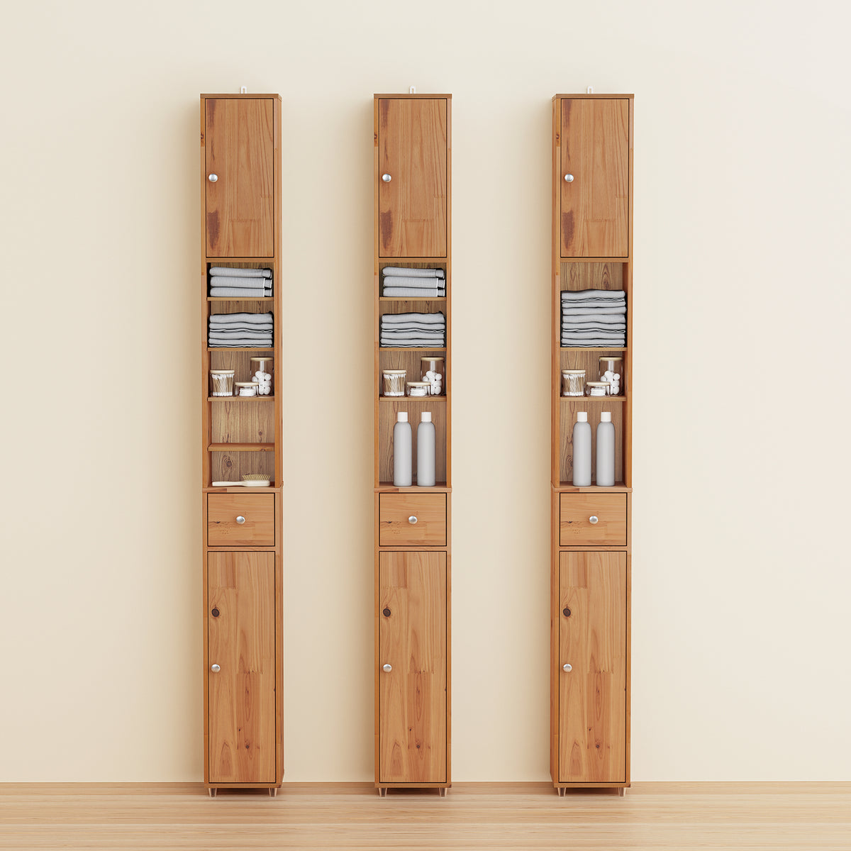 SoBuy BZR34-II-SH Colonne Salle de Bain Ultra-Étroite en Pin Massif, 4 Étagères Réglables et Tiroir, Anti-Basculement – Charge 25 kg – 20×20×180 cm, Bois