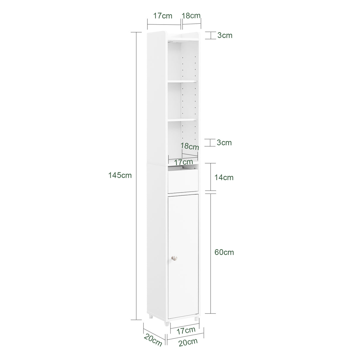 SoBuy BZR34-K-W Colonne Salle de Bain Ultra-Étroite 20×20×145 cm – 7 Niveaux, Porte et Tiroir, Blanc