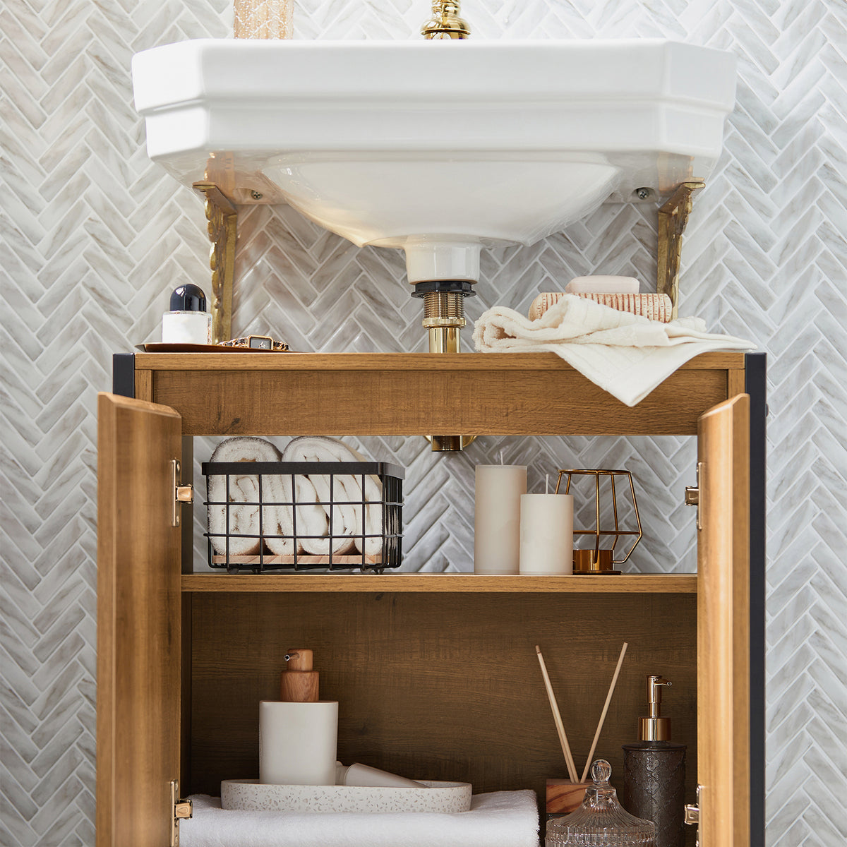 SoBuy BZR63-PF Meuble sous Lavabo Salle de Bain Meuble Salle de Bain avec 2 Portes et Étagère, Petit Meuble Rangement sous Vasque avec Pieds Réglables 60x60x30 cm