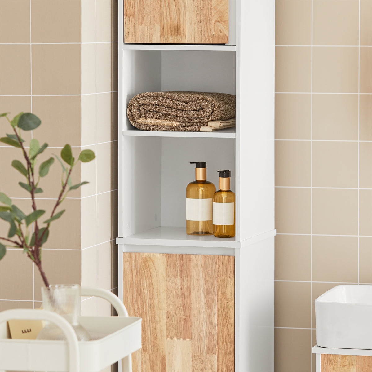 SoBuy BZR74-W Colonne Salle de Bain Style Naturel avec Panier à Linge – Blanc Bois, 170 cm