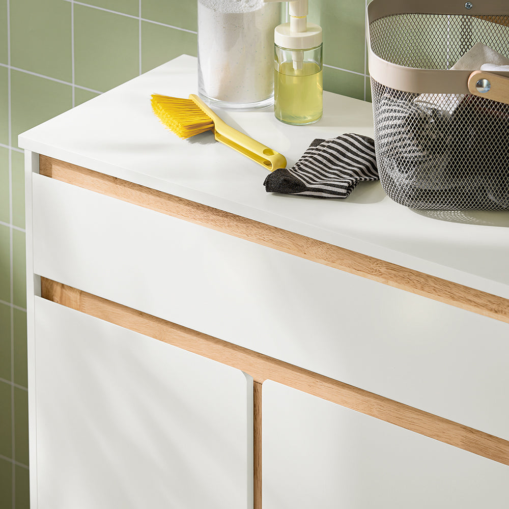 SoBuy BZR79-W Meuble de Salle de Bain avec Panier à Linge Intégré, Tiroir et Double Porte – Blanc et Bois