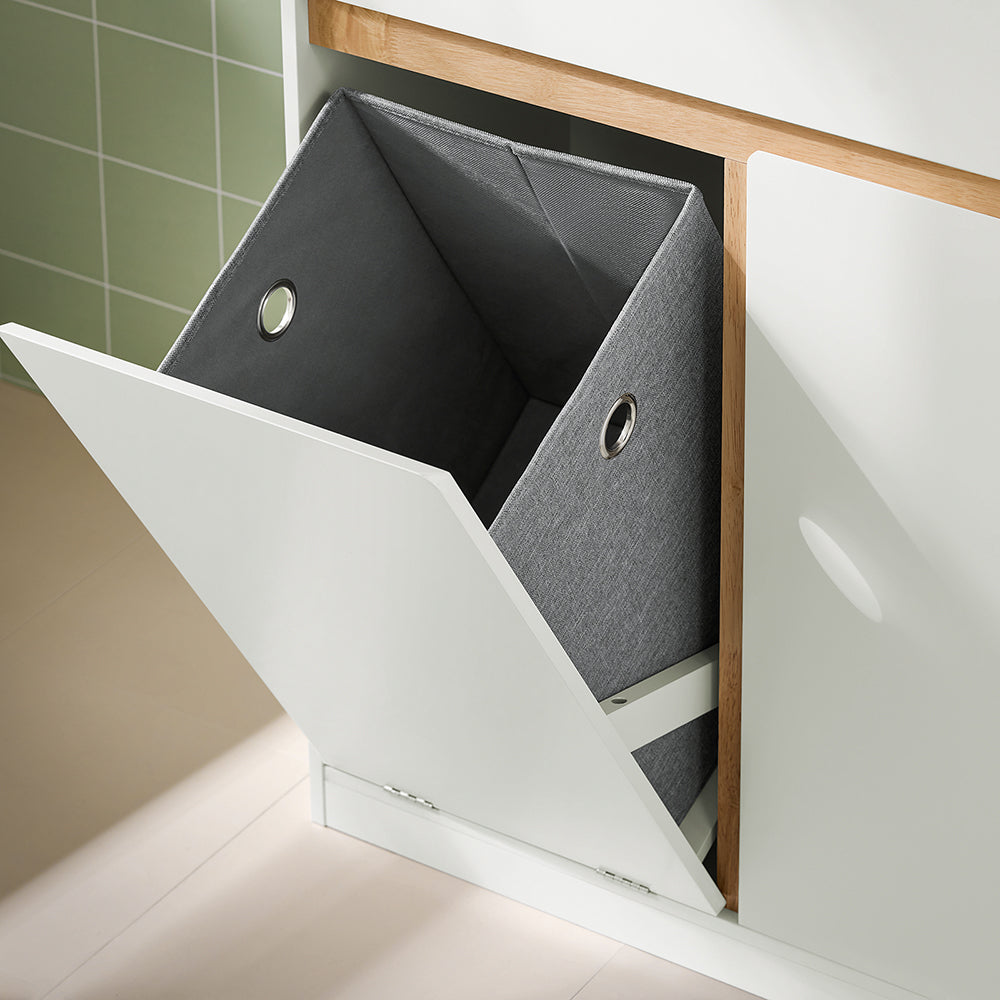 SoBuy BZR79-W Meuble de Salle de Bain avec Panier à Linge Intégré, Tiroir et Double Porte – Blanc et Bois