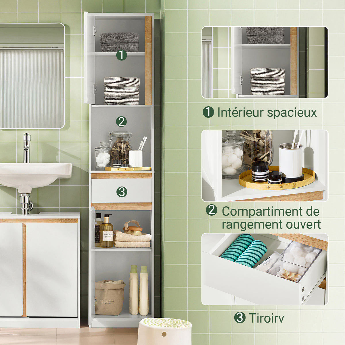SoBuy BZR80-W Colonne de Salle de Bain 170 cm – Tiroir, Portes et Étagère Ouverte – Blanc