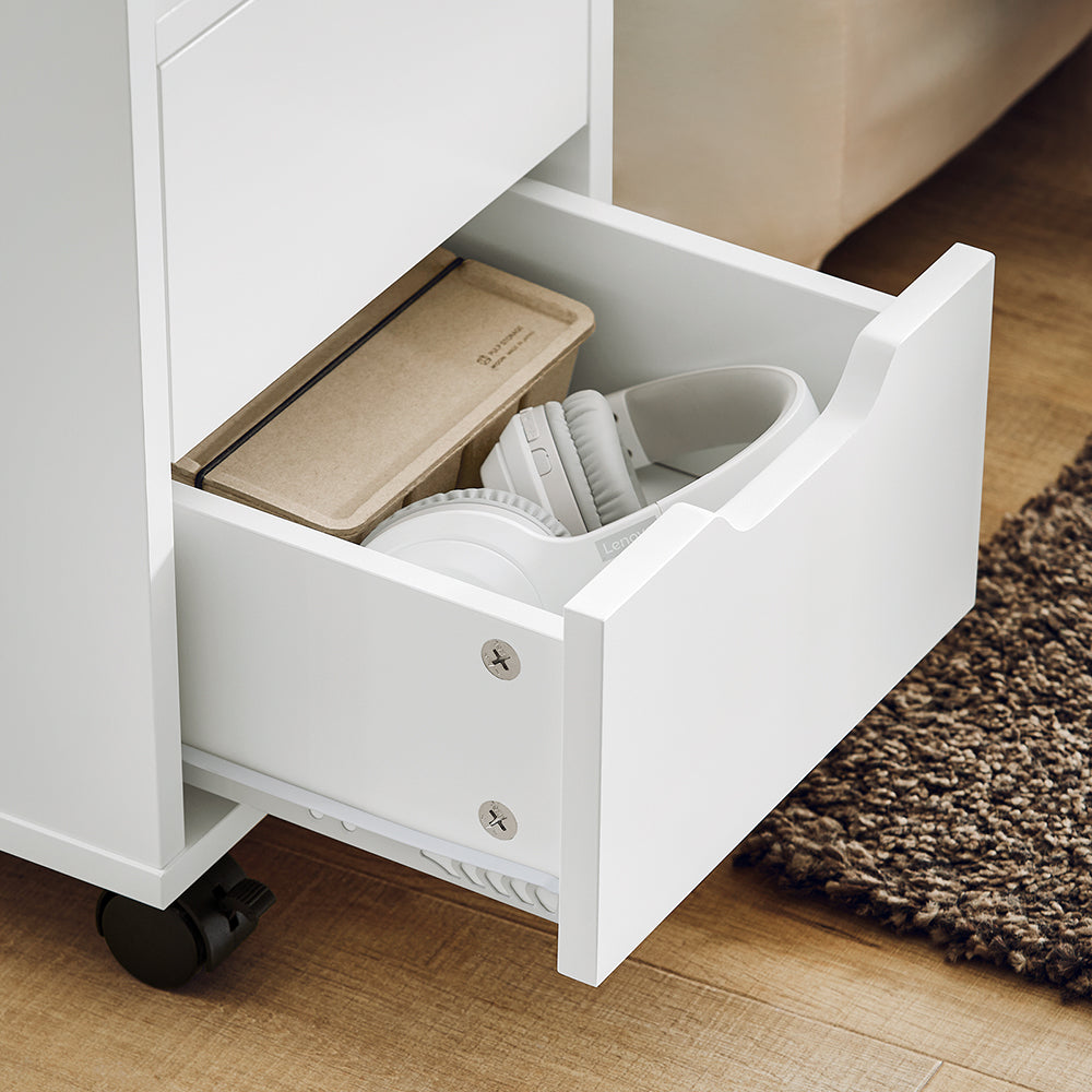 SoBuy FBT130-WN Bout de Canapé, Table d'appoint avec 2 Tiroirs, Compartiment Ouvert, Meuble de Rangement à roulettes, Chariot pour Salon, Bureau, Chambre, Blanc, L60xP30xH60cm