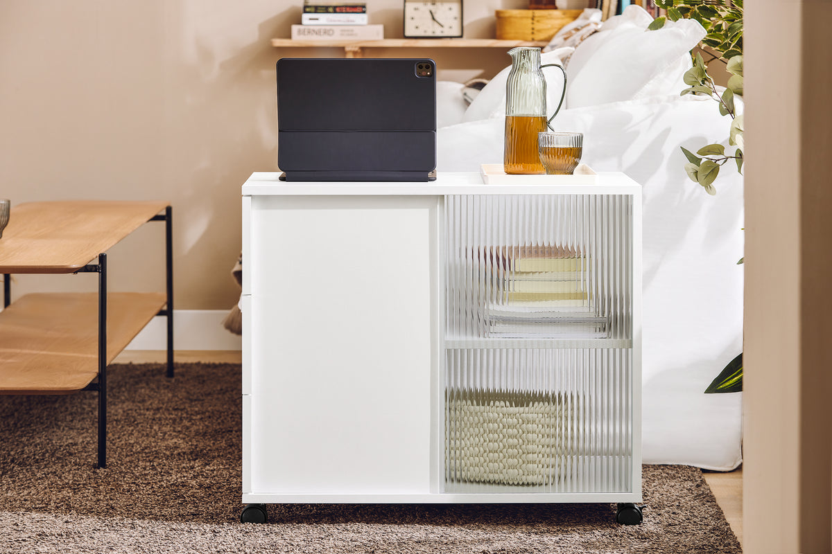 SoBuy FBT141-W Bout de Canapé, Table d'appoint Roulante, Table Basse, Table à Café avec 3 Tiroir, pour Salon, Bureau, Chambre