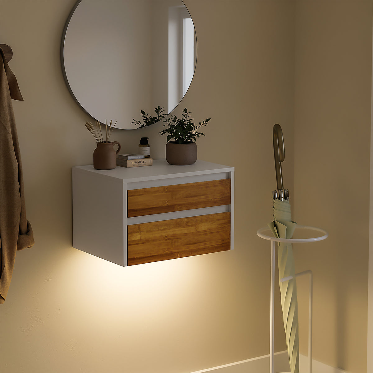 SoBuy FBT175-E-WN Table de Chevet Murale avec LED à Détection de Mouvement, 2 Tiroirs Push – Blanc/Naturel, 40×29,8×25,6 cm