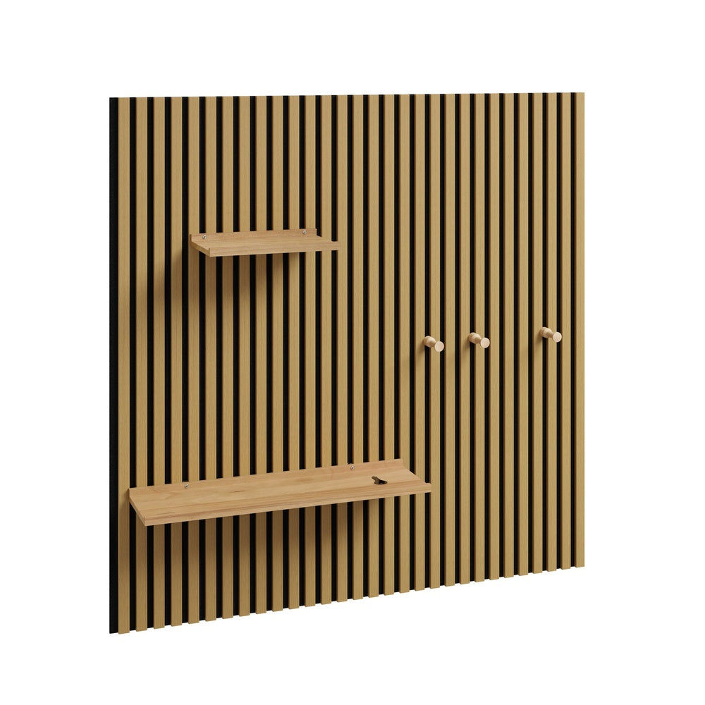 SoBuy FHK40-N Étagère Murale en Bois Naturel avec 2 Tablettes et 3 Crochets – Panneau Mural Modulaire pour Entrée, Salon et Chambre, Rangement Sportif – 120×19×120 cm, Charge 27 kg