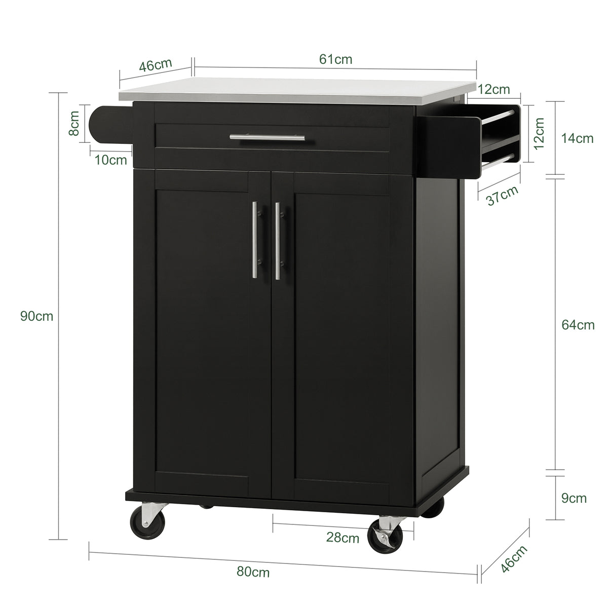 SoBuy FKW110-SCH Desserte de Cuisine à Roulettes – Plan de Travail Inox, Tiroir et Placard, 4 Roulettes dont 2 Freinées, Noir