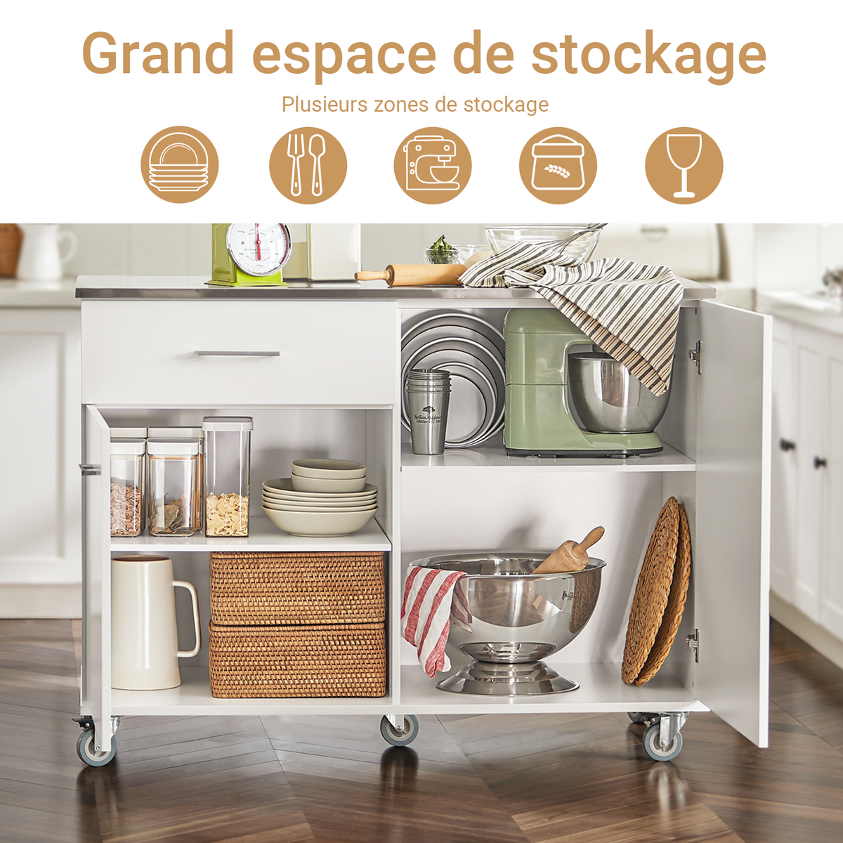 SoBuy FKW117-W Desserte Cuisine avec Roulettes et 1 Tiroir, Mobile, pour Cuisine et Salle à Manger, Rangement Optimisé – L120×P56×H90 cm, Bois + Inox, Blanc