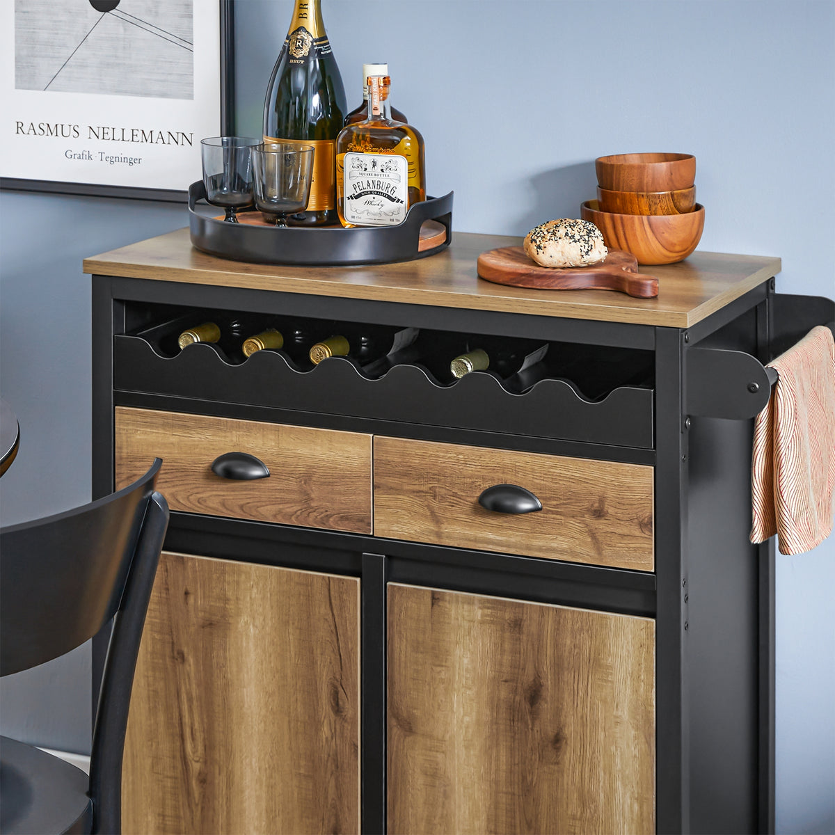SoBuy FKW122-SCH Desserte de Cuisine à roulettes Chariot de Cuisine, 1 Porte-Bouteilles, 2 Tiroirs et 2 Portes