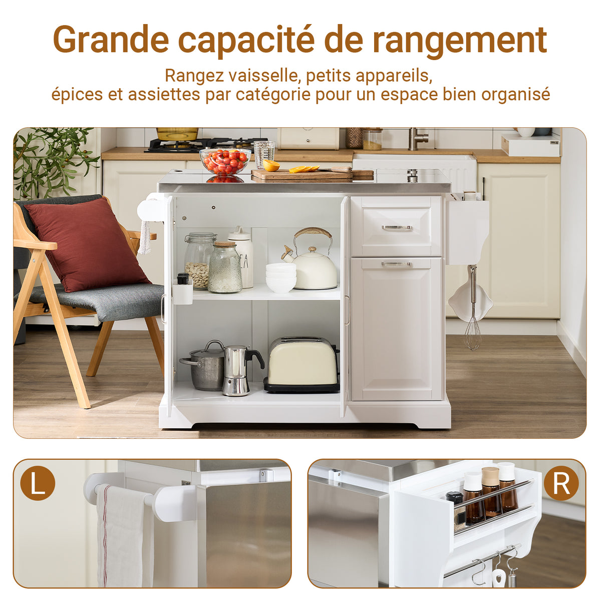 SoBuy FKW128-II-ST Îlot de Cuisine Mobile avec Plan Inox Rabattable – 2 Tiroirs, 130 × 46–71 × 91 cm, Blanc