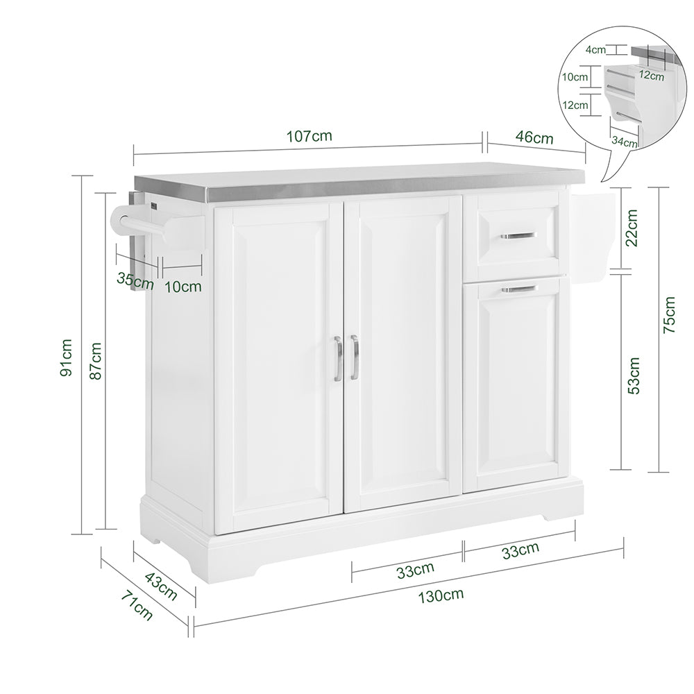 SoBuy FKW128-II-ST Îlot de Cuisine Mobile avec Plan Inox Rabattable – 2 Tiroirs, 130 × 46–71 × 91 cm, Blanc