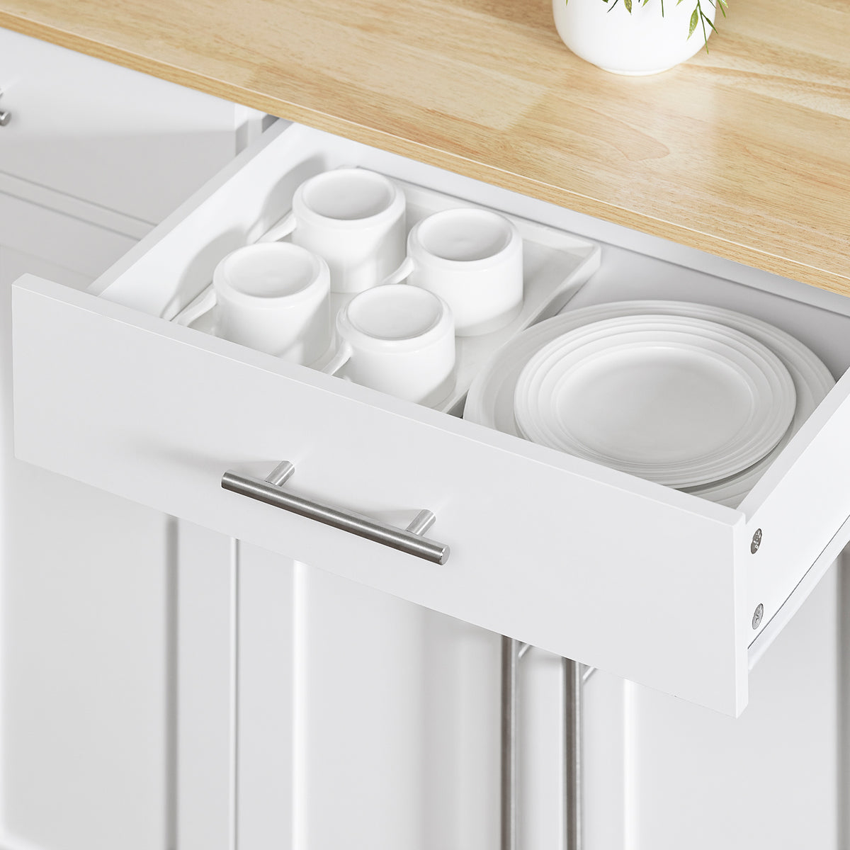 SoBuy FKW129-WN îlot Central de Cuisine sur Roulettes – Plan Extensible 44→69 cm, 2 Tiroirs, 2 Portes, Étagères Réglables – 113×91 cm, Blanc