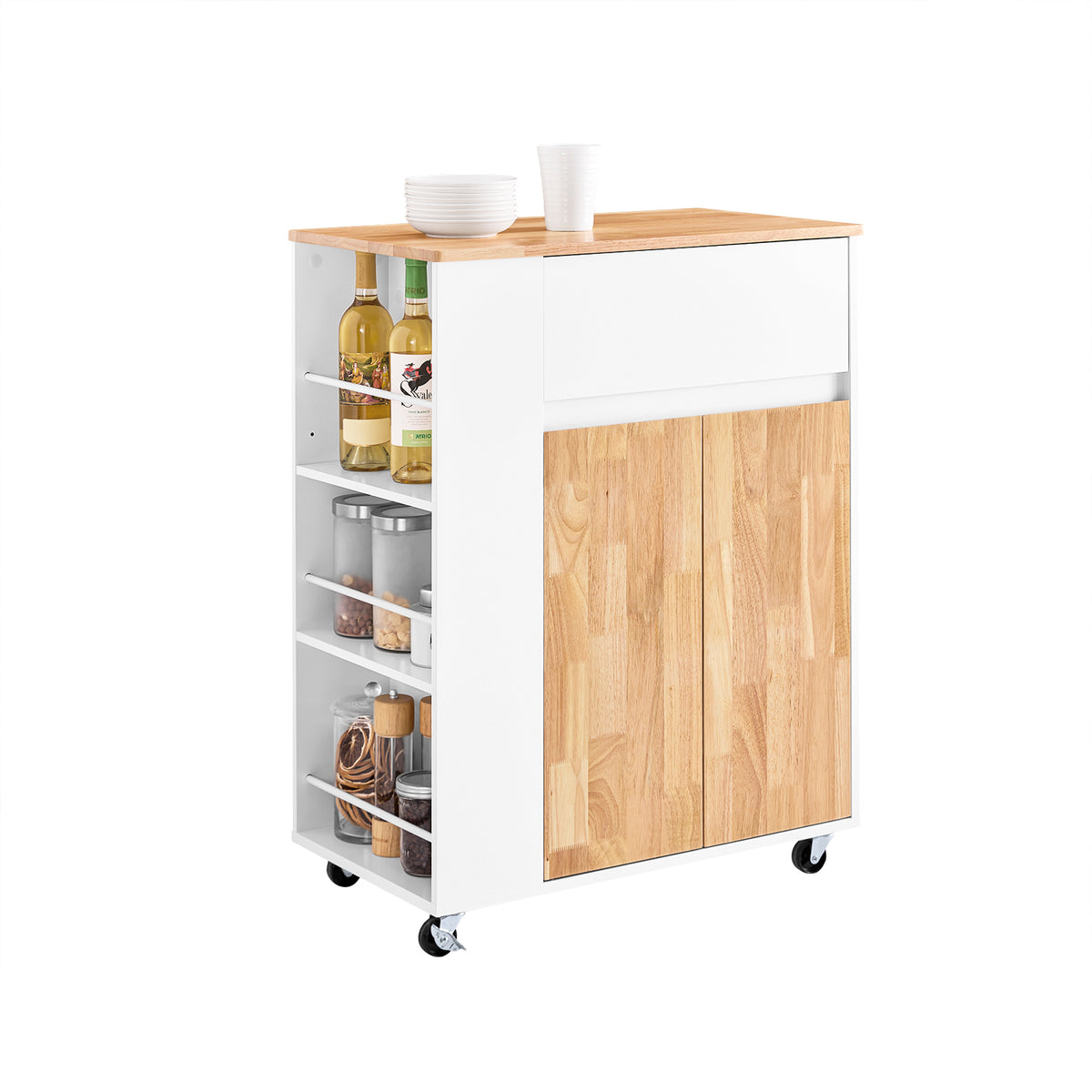 SoBuy FKW132-WN Desserte de Cuisine sur Roues – Meuble Cuisine avec Plan de Travail en Bois de Caoutchouc, Unité de Cuisine A