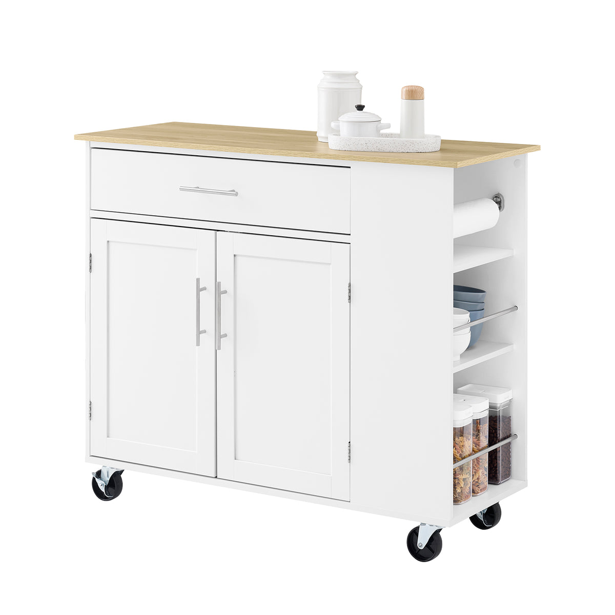 SoBuy FKW133-WN Îlot Central de Cuisine Mobile – Desserte à roulettes de Cuisine – Meuble de Cuisine avec Plan de Travail et