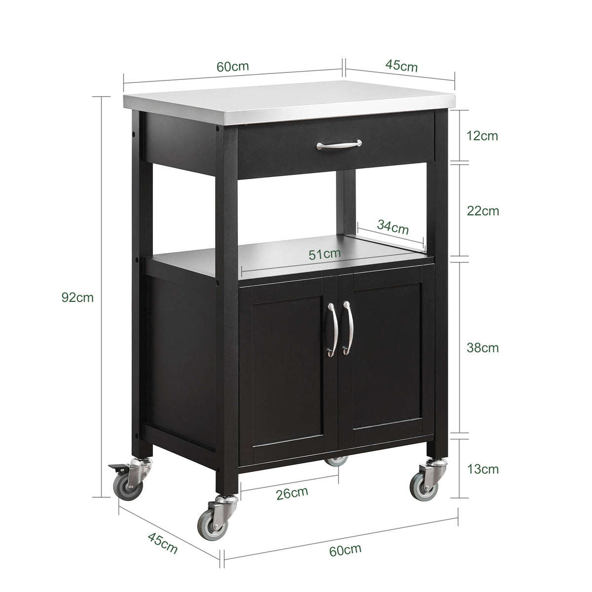 SoBuy FKW22-SCH Desserte de Cuisine à Roulettes avec Plan de Travail INOX, 1 Tiroir, 1 Étagère et 2 Portes, Chariot Multifonction – 60x45x92 cm, Noir