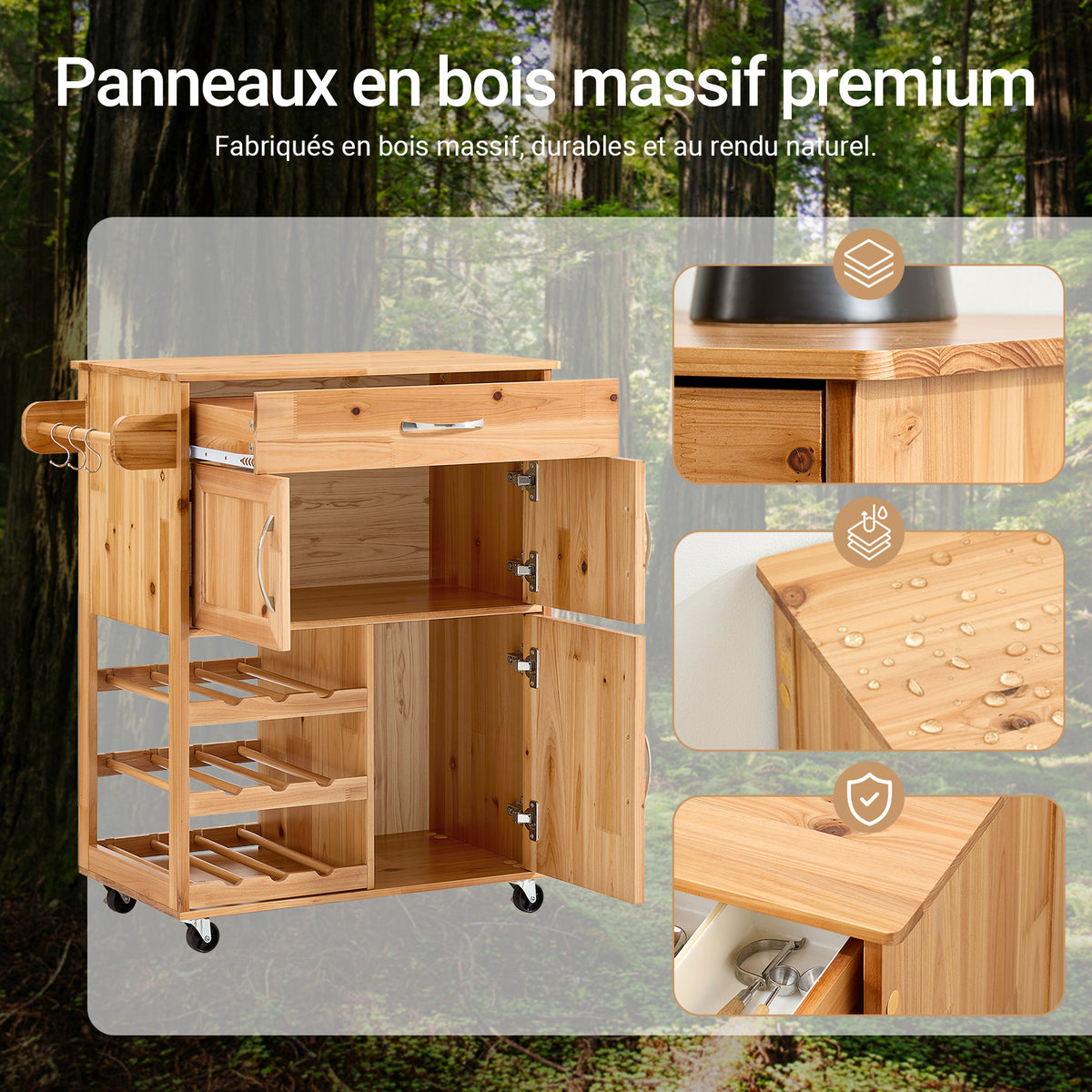 SoBuy FKW45-N Desserte Cuisine en Bois Massif à Roulettes – Range-Bouteilles, Tiroir, 2 Placards, Porte-Serviettes Réversible, 66×38×86 cm, 63 kg, Naturel