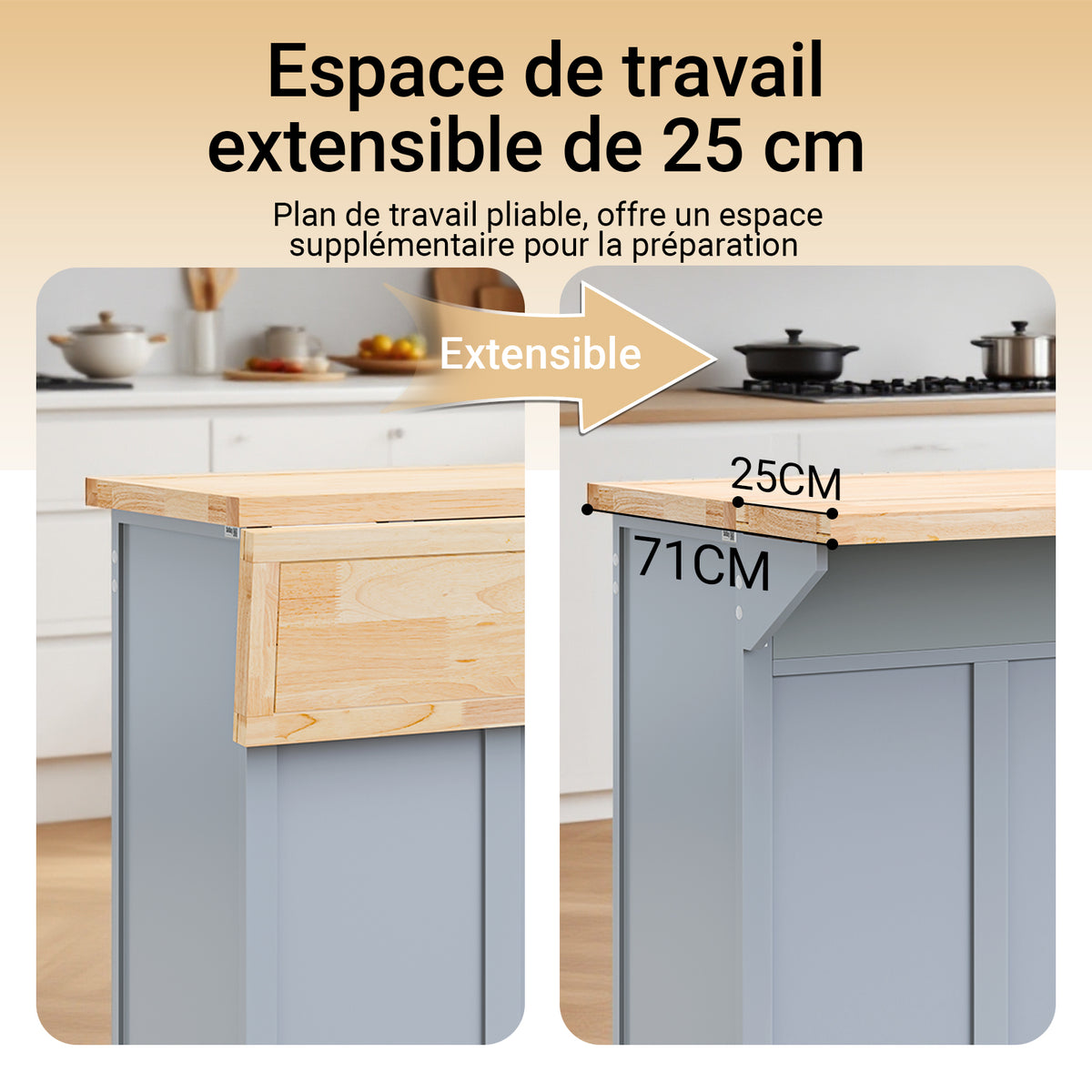 SoBuy FKW71-II-HG Ìlot Cuisine Mobile avec Plan Extensible – Gain de Place, Gris