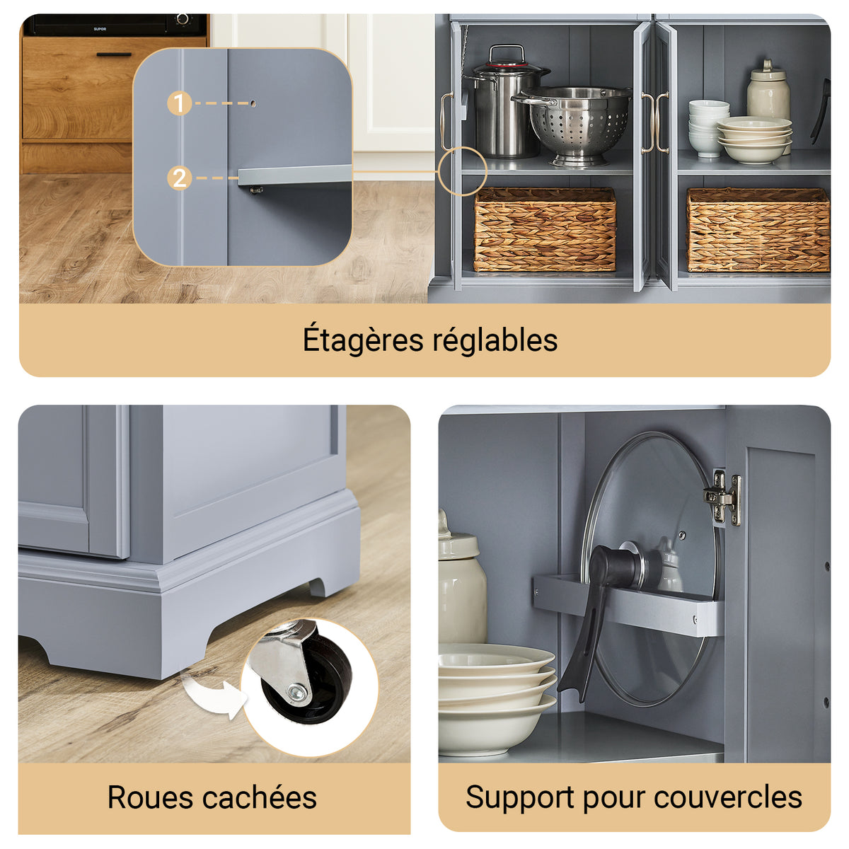 SoBuy FKW71-II-HG Ìlot Cuisine Mobile avec Plan Extensible – Gain de Place, Gris