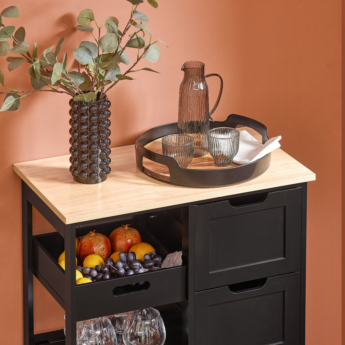 SoBuy FKW79-SCH Desserte de Cuisine sur Roulettes – 3 Tiroirs, Tablette Amovible, 2 Étagères, 68 × 38 × 85 cm, Noir