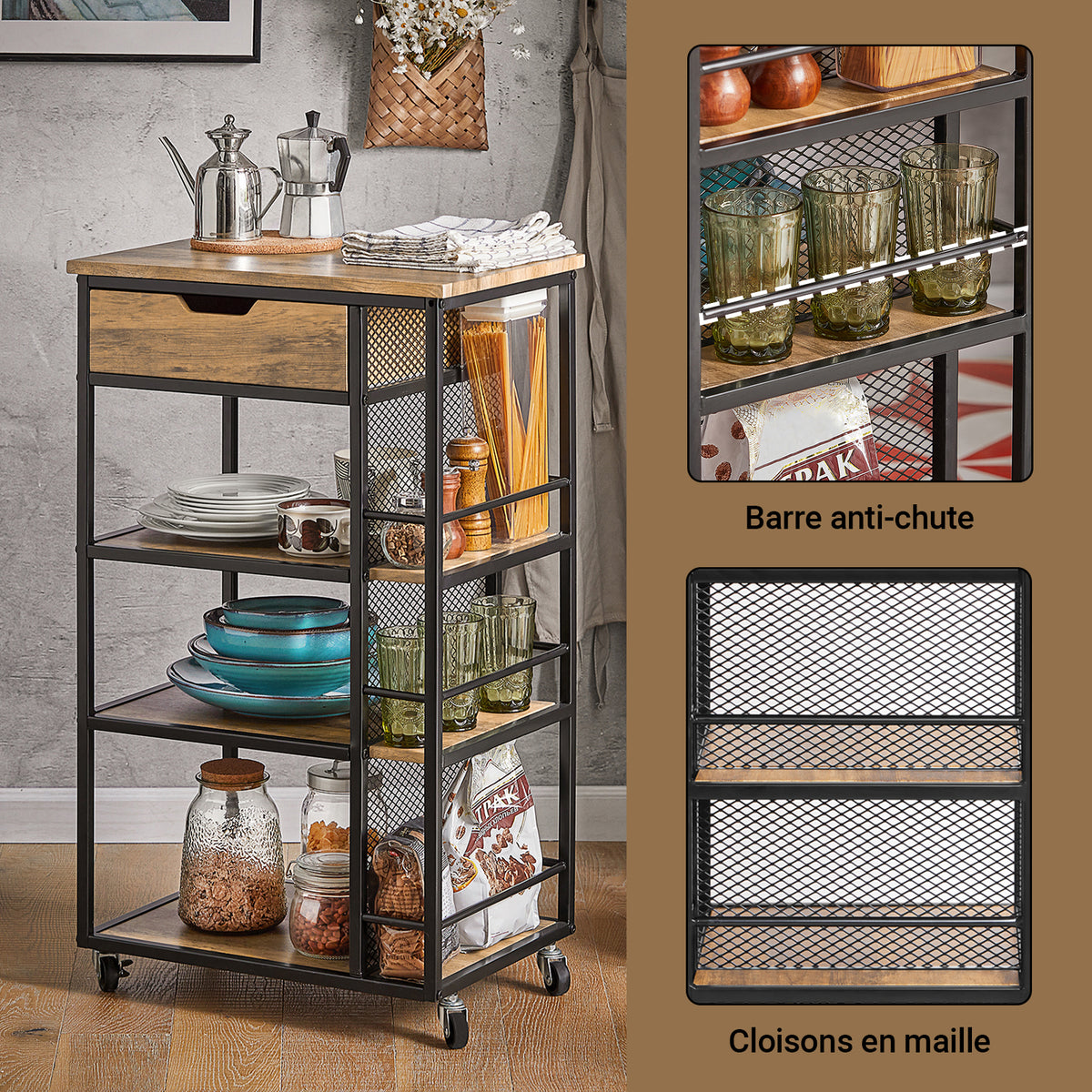 SoBuy FKW99-N Desserte de Cuisine Roulante Chariot de Service Meuble de Rangement à roulettes Multifonctionnel avec 1Tiroir, 3 Etagères et Etagères latérales, 50x37x87 cm