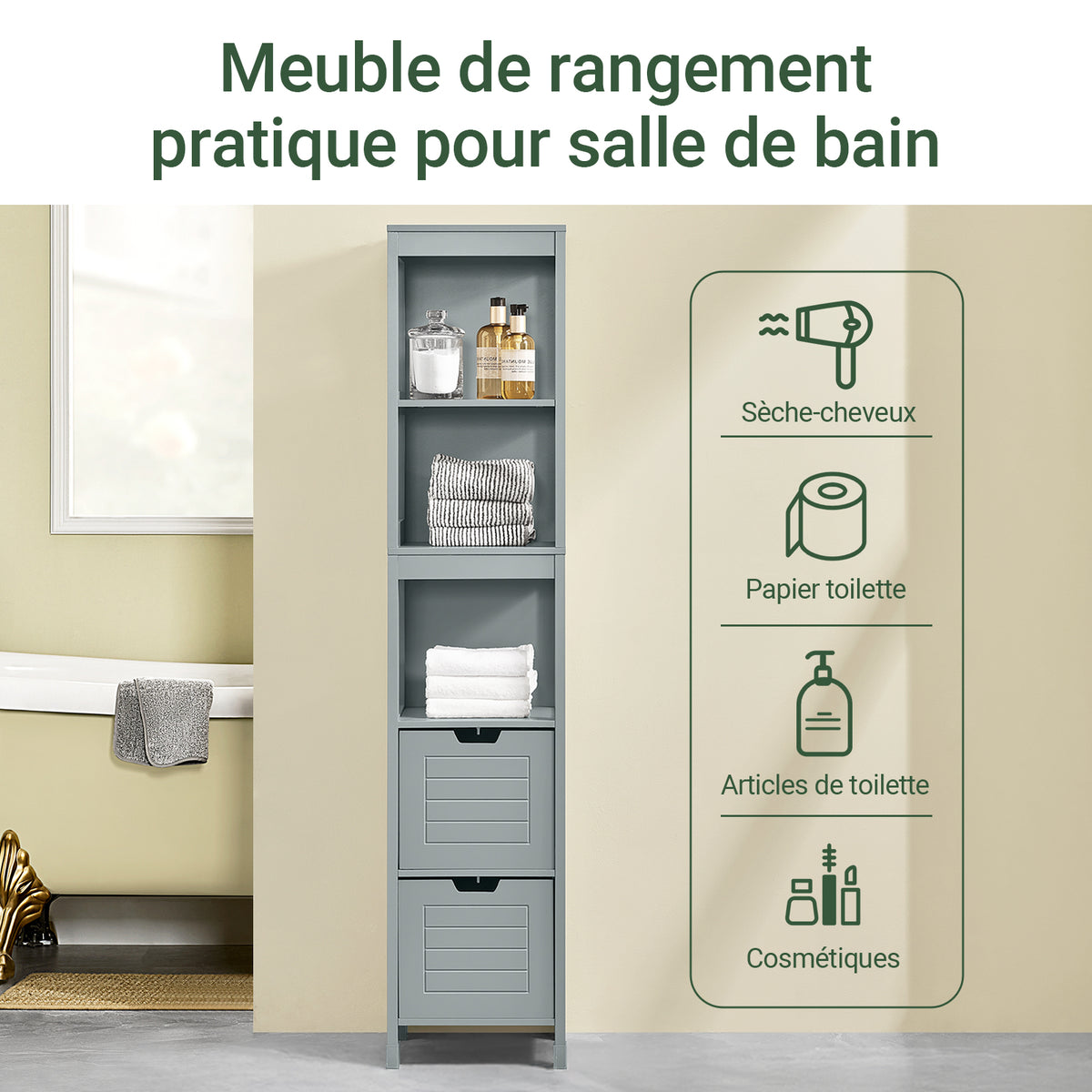 sebuyfr.comG126-SG Colonne Salle de Bain avec 4 Étagères et 2 Tiroirs, Gain de Place, pour Salle de Bain et WC, Usage Quotidien – L30×P30×H140 cm, Bois, Gris Clair