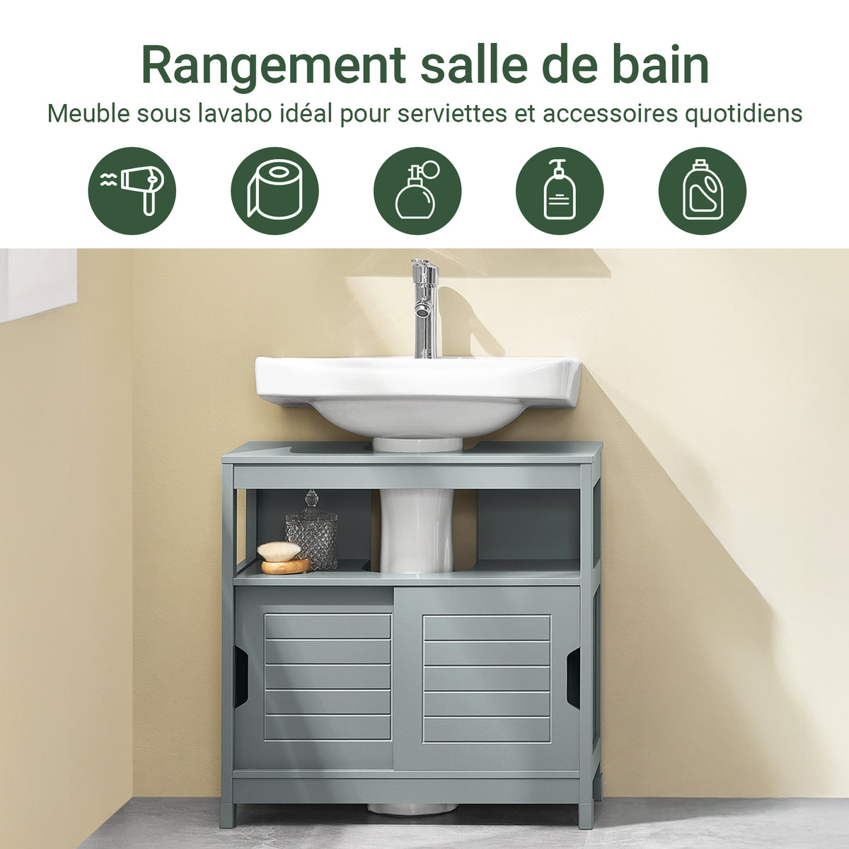sebuyfr.comG128-II-SG Meuble sous Lavabo avec Portes Coulissantes, Format Compact, Résistant à l’Humidité, pour Salle de Bain et WC – L60×P30×H60 cm, Bois, Gris