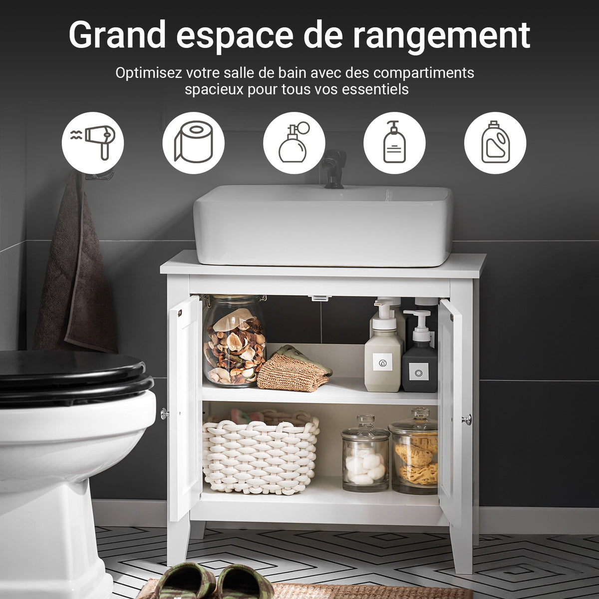 sebuyfr.comG202-W Meuble sous lavabo Salle de Bain Meuble de Salle de Bain avec 2 Portes, Grand Espace de Rangement & découpe Siphon sous Vasque MDF, Blanc 60x62x30cm