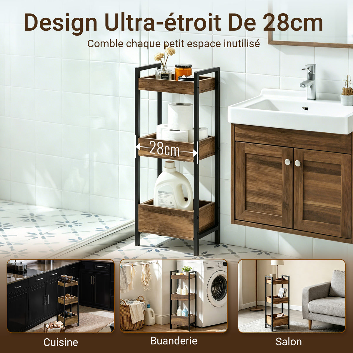 sebuyfr.comG226-F Meuble Salle de Bain Rangement avec 3 paniers - Rangement Serviteur de Douche Étagère de Stockage Salle de Bain Petit Meuble WC Rangement 28x20x74 cm
