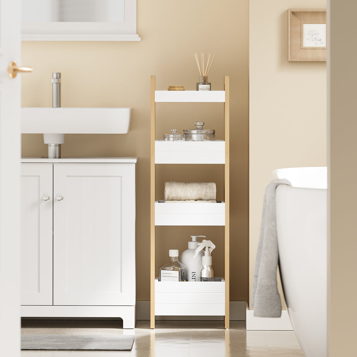 sebuyfr.comG226-H-WN Étagère WC Étroite 28 cm avec 4 Compartiments, Cadre Bambou et Anti-basculement – Rangement Toilette Bois Naturel et Blanc, 90 cm