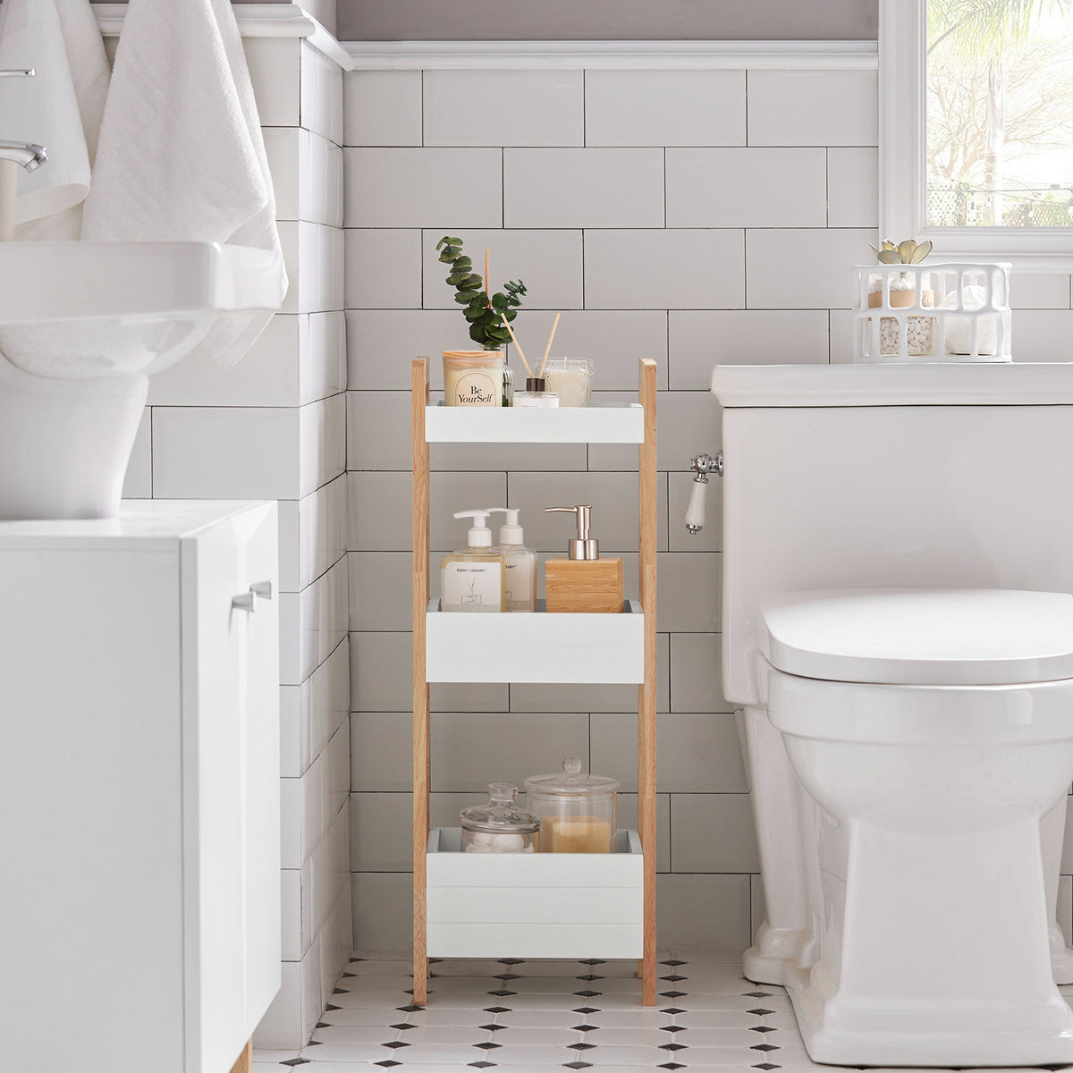 sebuyfr.comG226-WN Tour de rangement salle de bain 20 cm avec 3 paniers – Blanc et bois