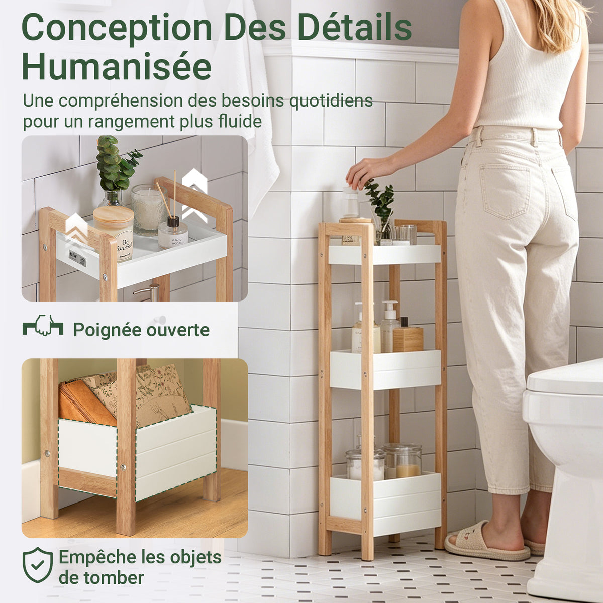 sebuyfr.comG226-WN Tour de rangement salle de bain 20 cm avec 3 paniers – Blanc et bois