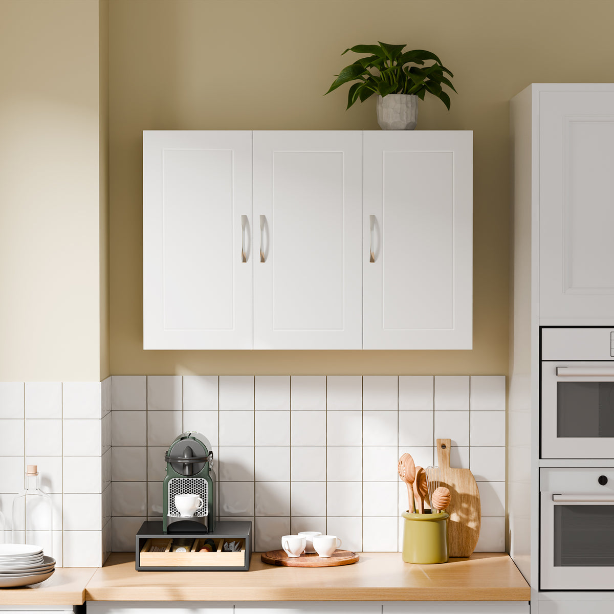 sebuyfr.comG231-L-W Meuble Haut Suspendu 90 cm – 3 Portes, Étagère Réglable – Blanc