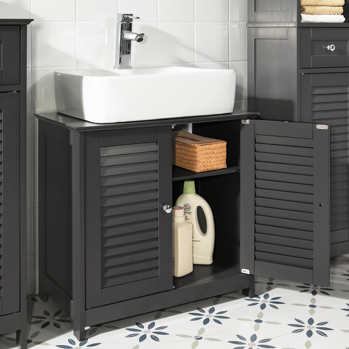 sebuyfr.comG237-DG Meuble sous Lavabo avec Étagères Ajustables, Résistant à l’Humidité, pour Salle de Bain et WC, Rangement Optimisé – L60×P35×H58 cm, MDF, Gris