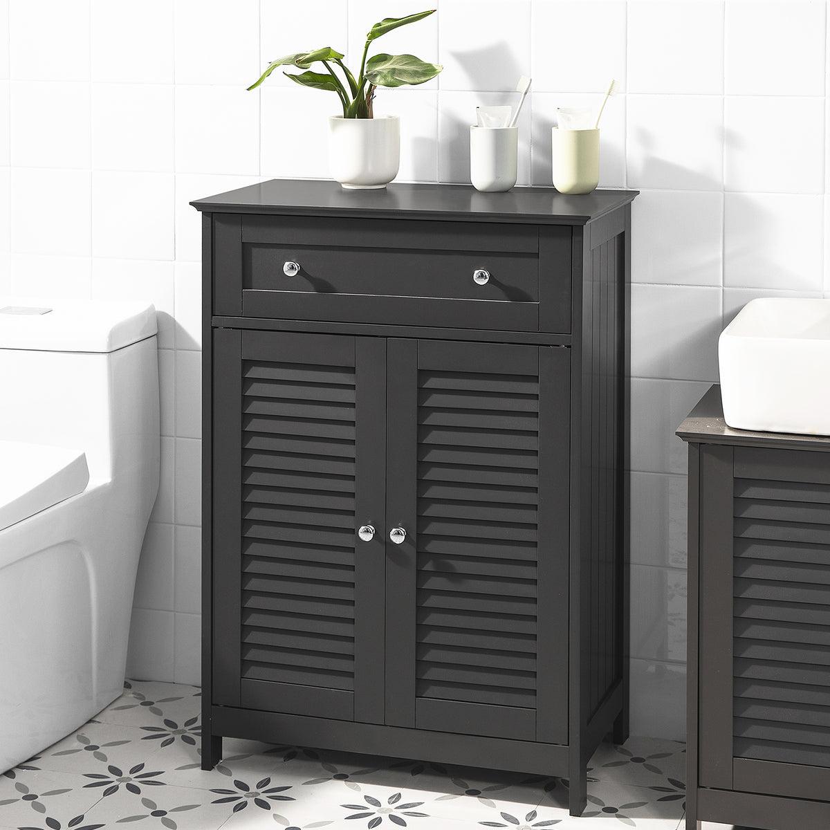 sebuyfr.comG238-DG Meuble Bas Salle de Bain avec Étagère Réglable, 1 Tiroir et 2 Portes, pour Salle de Bain et WC, Rangement Optimisé – L60×P35×H87 cm, Gris Foncé