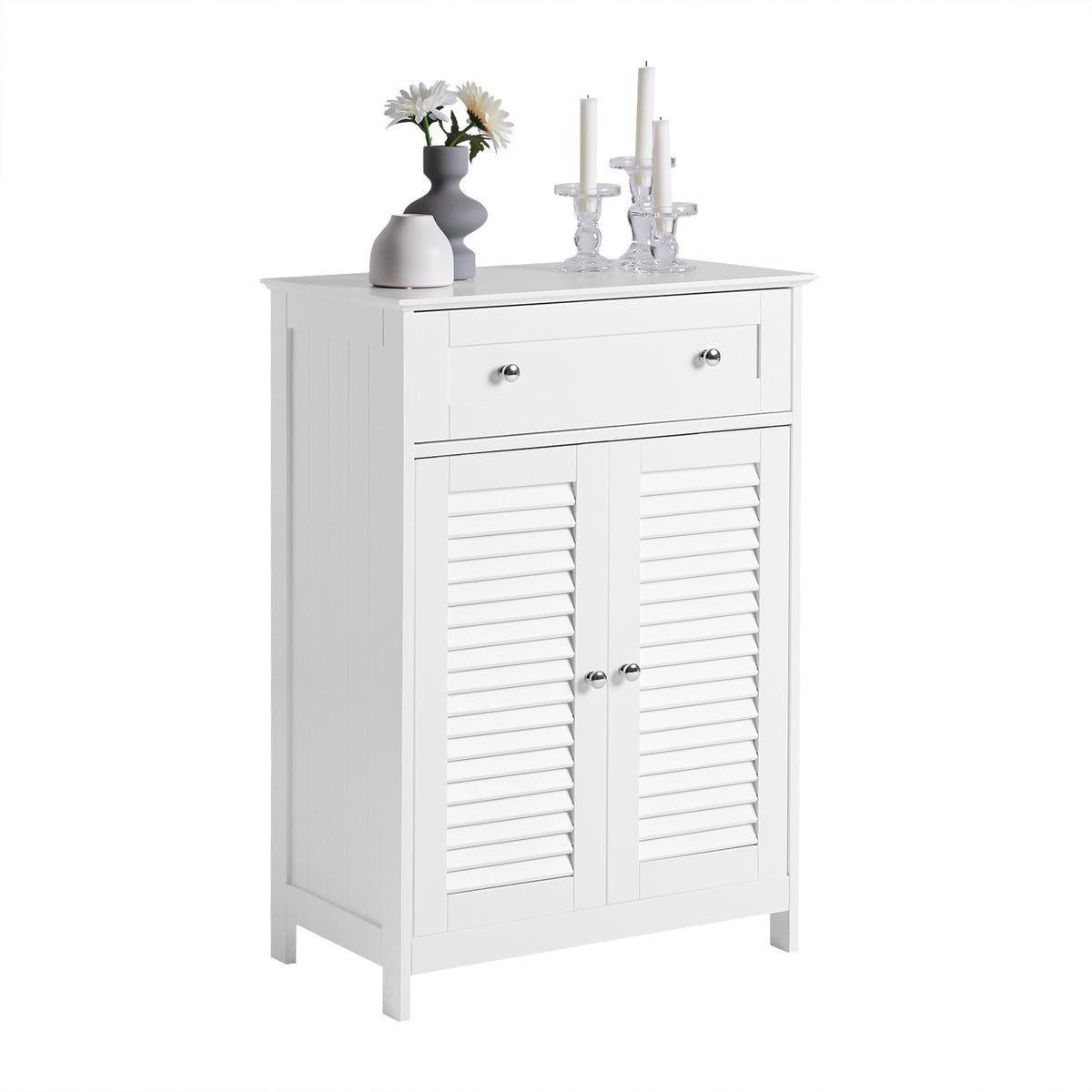 sebuyfr.comG238-W Meuble de Salle de Bain avec 2 Portes Persiennes – 1 Tiroir, Étagère Réglable, 60×35×87 cm, Blanc