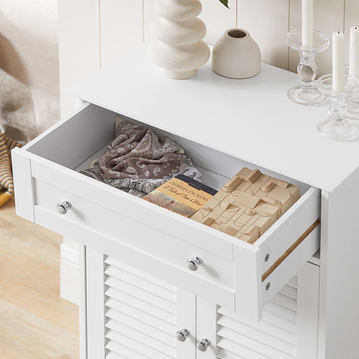 sebuyfr.comG238-W Meuble de Salle de Bain avec 2 Portes Persiennes – 1 Tiroir, Étagère Réglable, 60×35×87 cm, Blanc