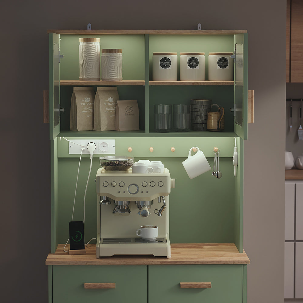 SoBuy FSB108-E-GR Buffet de Cuisine avec Éclairage LED et Prises USB – 4 Portes Vitrées, 2 Tiroirs, 6 Étagères – 80×38×180 cm, Vert Sauge