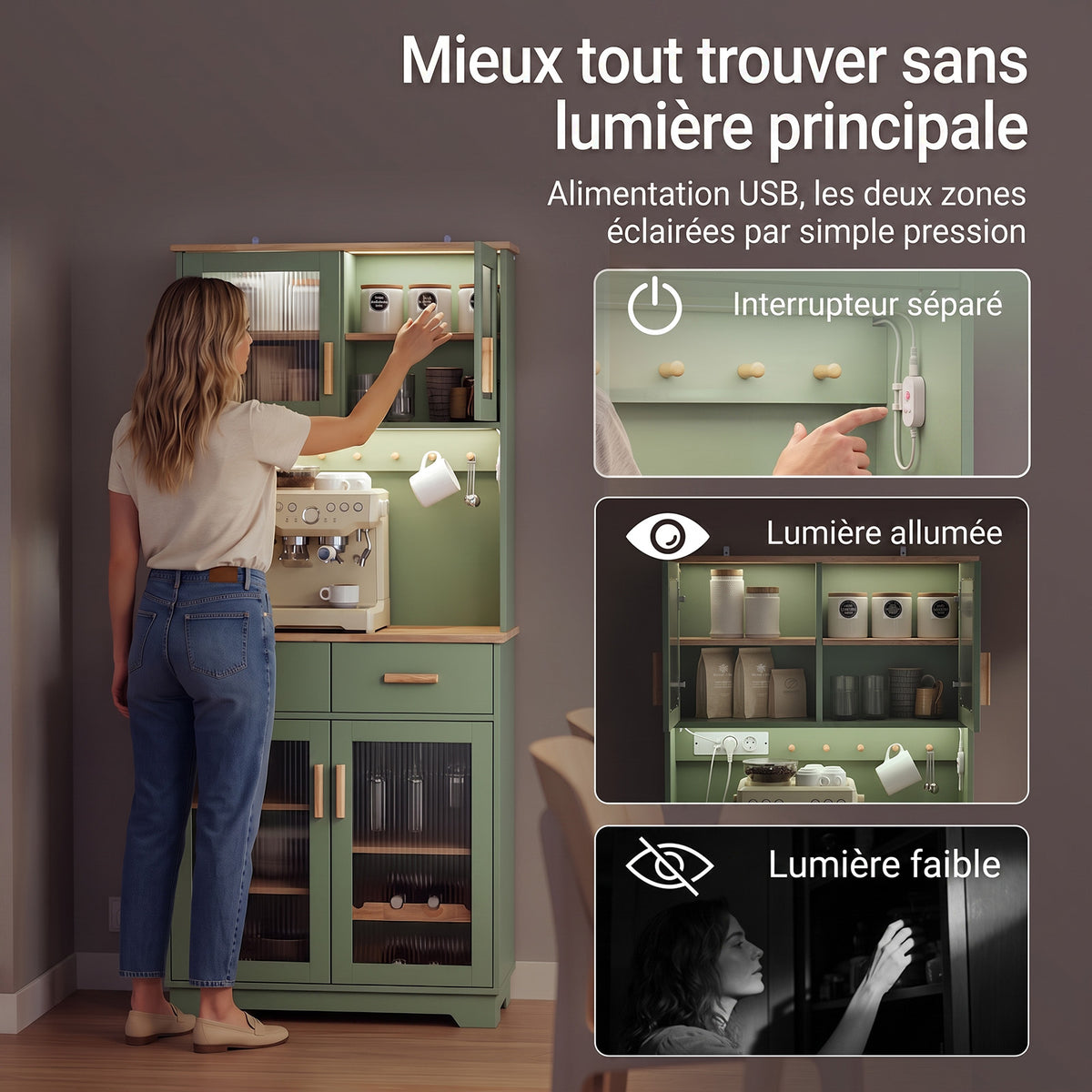 SoBuy FSB108-E-GR Buffet de Cuisine avec Éclairage LED et Prises USB – 4 Portes Vitrées, 2 Tiroirs, 6 Étagères – 80×38×180 cm, Vert Sauge