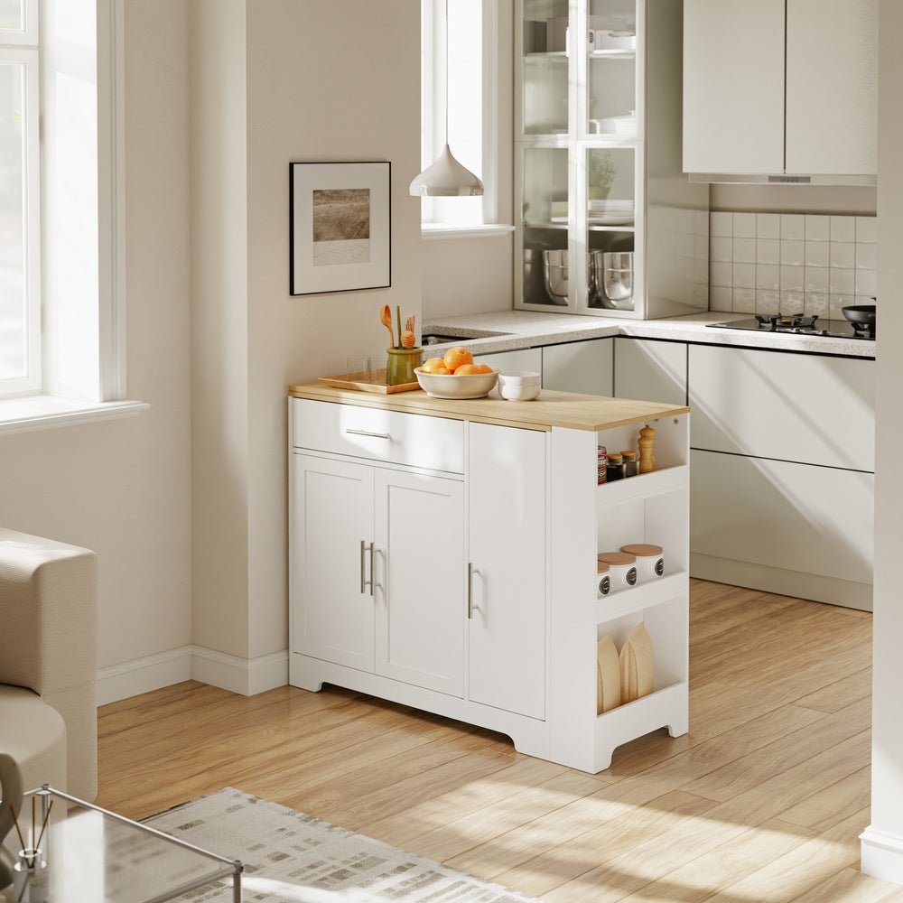 SoBuy FSB110-WN Îlot Central de Cuisine Scandinave avec Tiroir Compartimenté – Plan de Travail Extensible Rabattable, 3 Portes et 2 Étagères – 104×40×89 cm, Charge 100 kg