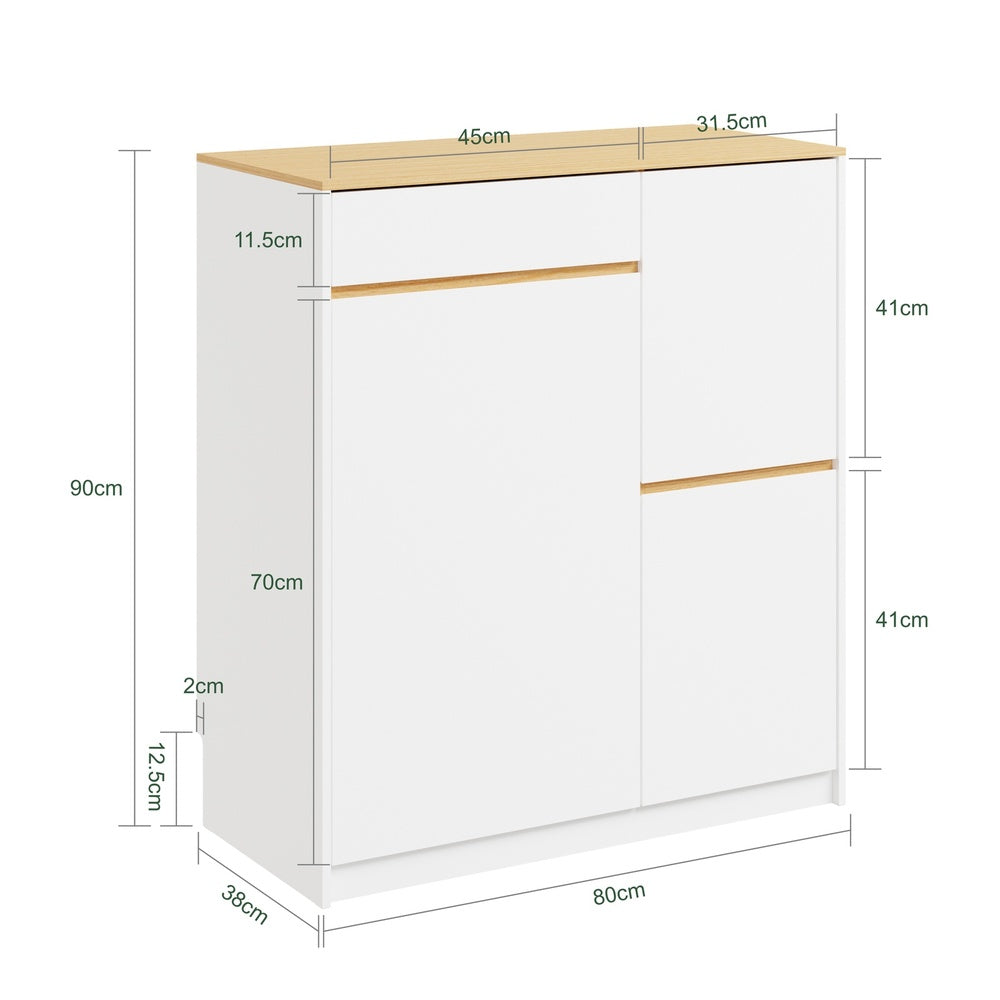 SoBuy FSB111-WN Buffet de Cuisine avec Plan de Travail – 3 Tiroirs et 2 Portes, Style Scandinave – 80×38×90 cm, Blanc et Bois