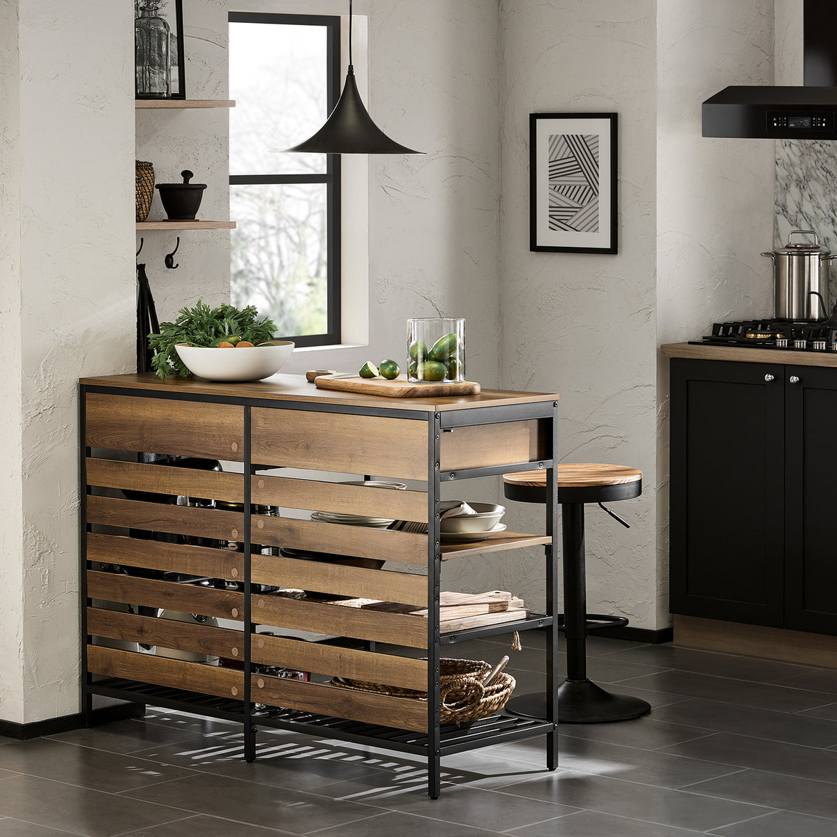 SoBuy FSB85-PF Buffet de Cuisine Style Industriel – 120 cm, 2 Tiroirs et Range-Bouteilles, Marron