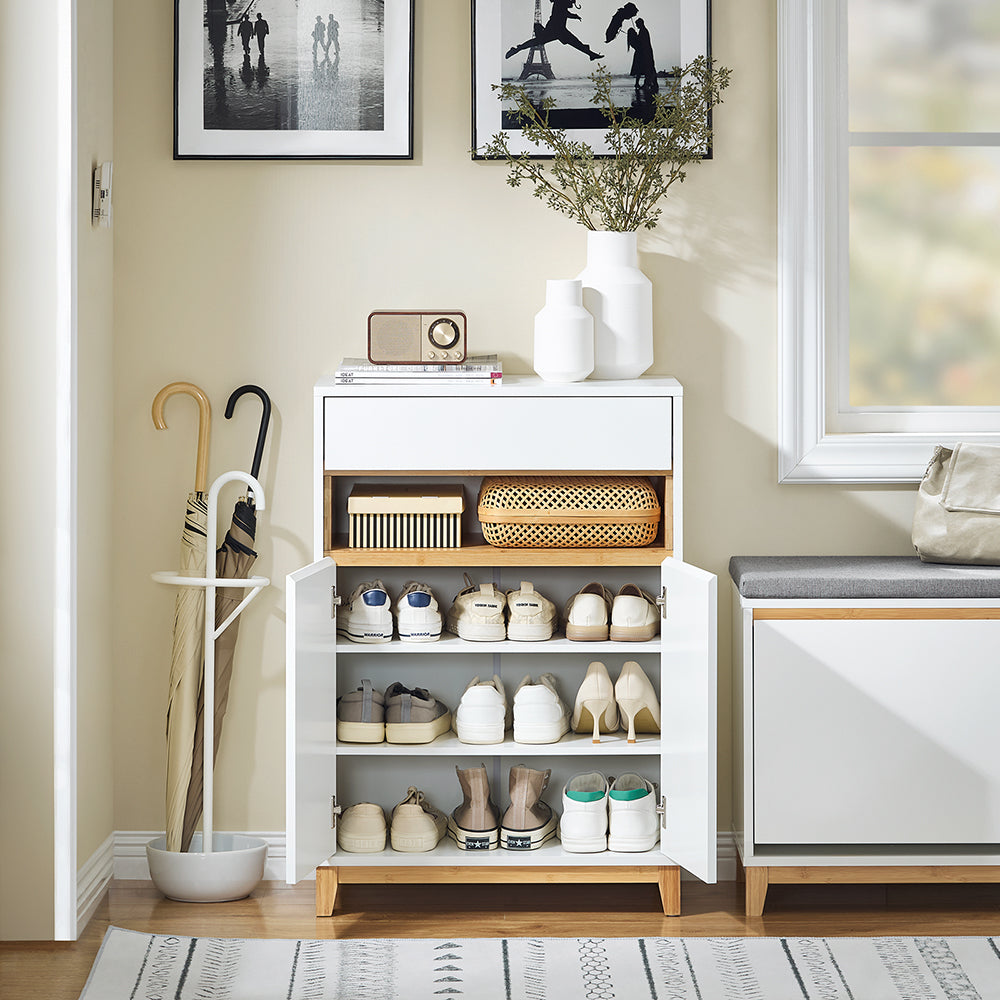 SoBuy FSB97-WN Buffet Bas Blanc et Bambou – 1 Tiroir, 2 Portes, Étagères Réglables, 60×34×85 cm