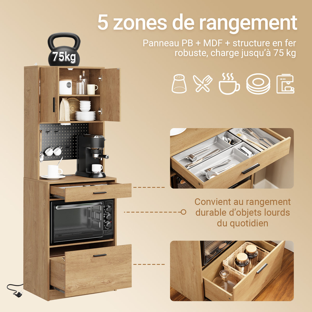 SoBuy FSB98-E-N Buffet de Cuisine – 2 Prises & 2 USB, Lampe LED, Niche Micro-Ondes, 60×40×170 cm