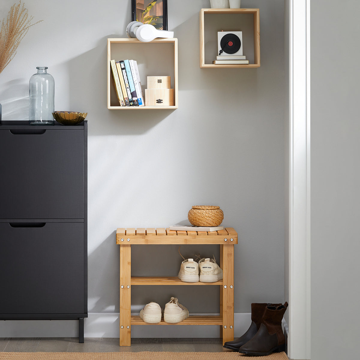 SoBuy FSR02-K-N Banc à Chaussures en Bambou avec Assise et Étagère de Rangement pour Entrée – 50x29x45 cm, Naturel