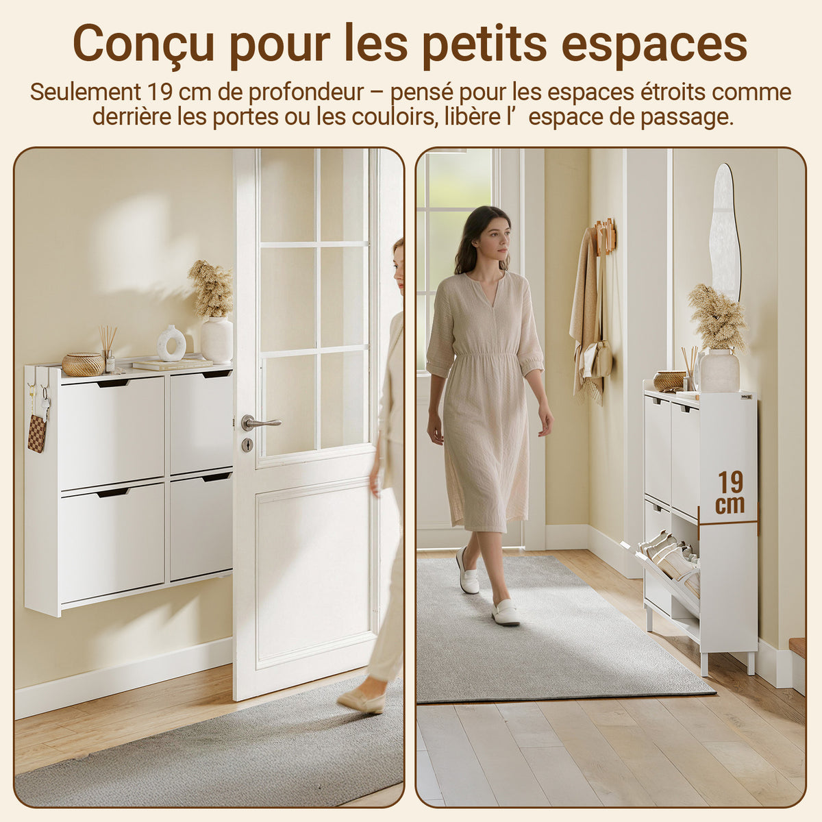 SoBuy FSR100-E-W Meuble Chaussures Entrée avec LED Détection Automatique – Ultra-Slim 19 cm, Crochets, Fixation Murale ou Sol, 8-12 Paires, Blanc