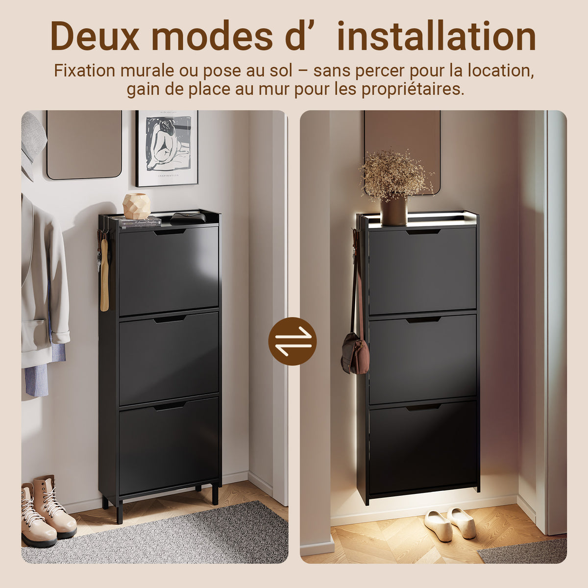 SoBuy FSR151-H-E-SCH Armoire à Chaussures Ultra-Slim 19 cm – 3 Abattants, Noir Mat avec LED