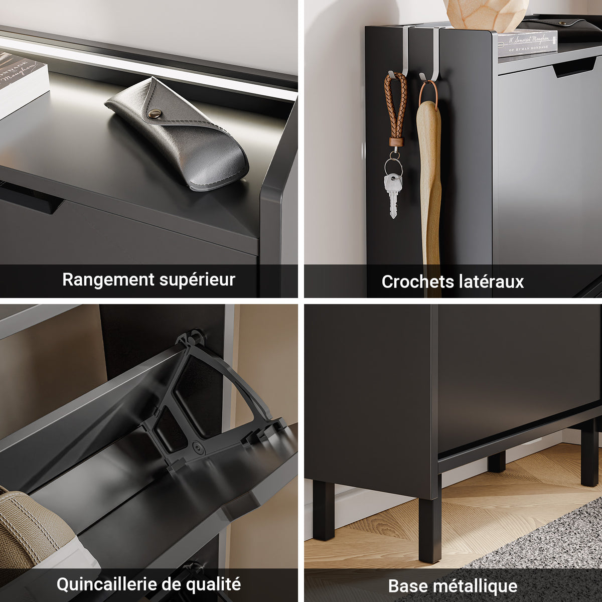 SoBuy FSR151-H-E-SCH Armoire à Chaussures Ultra-Slim 19 cm – 3 Abattants, Noir Mat avec LED