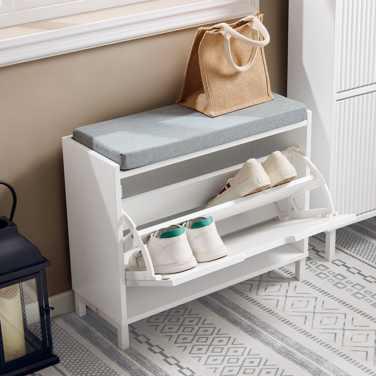 SoBuy FSR151-K-W Banc à Chaussures avec Coussin Rembourré et 1 Abattant, Slim 24cm pour Entrée – 60x24x52 cm, Blanc